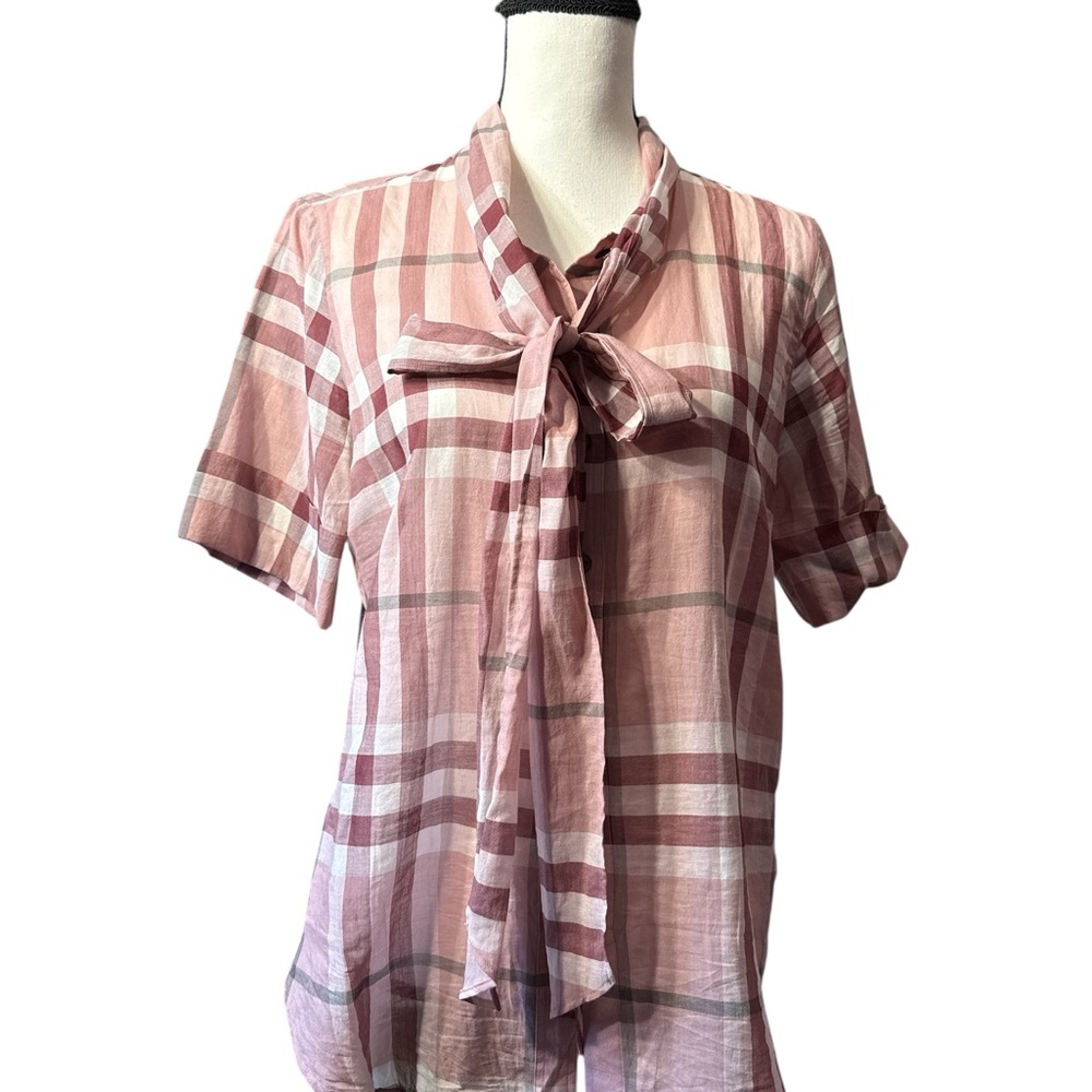 Burberry Pink Plaid Blouse with Bow